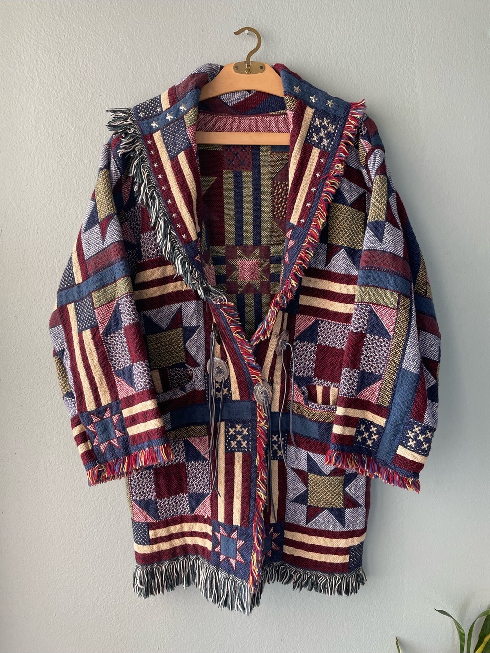 Handcrafted | Reworked Tapestry Fringe Blanket Cardigan Coat Quilt-Look Pattern